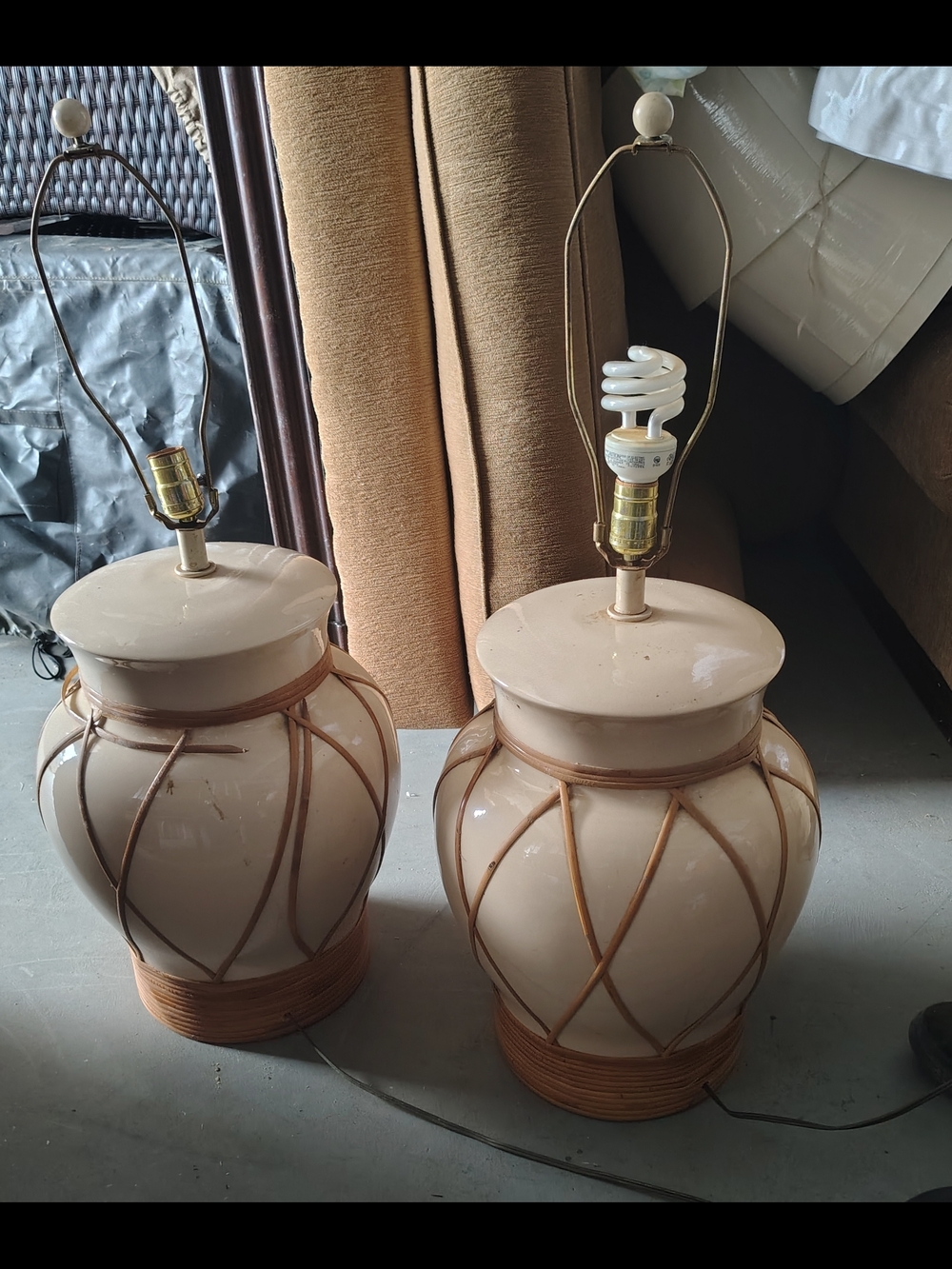 Cream Ceramic Rattan Table Lamp Pair